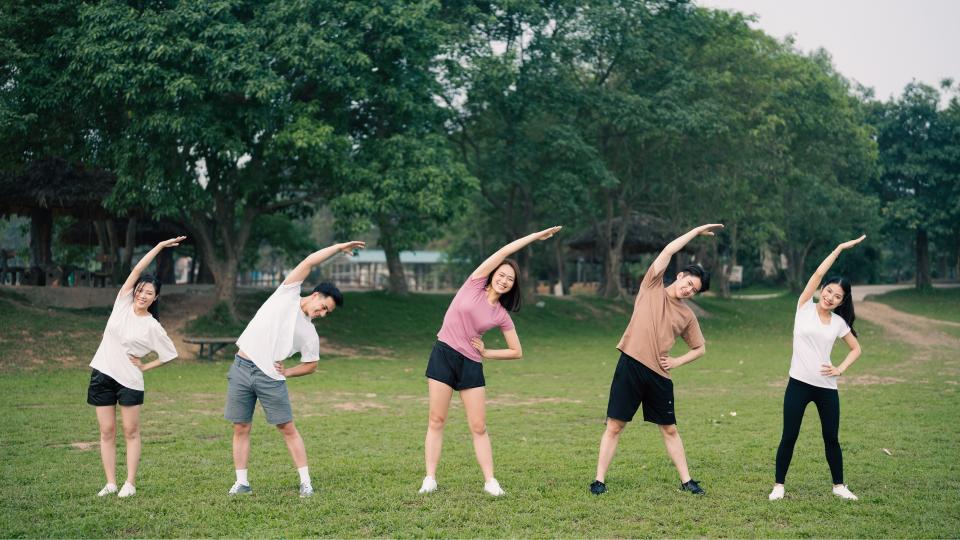 Four people practicing yoga in a serene park, demonstrating various poses and finding inner peace.