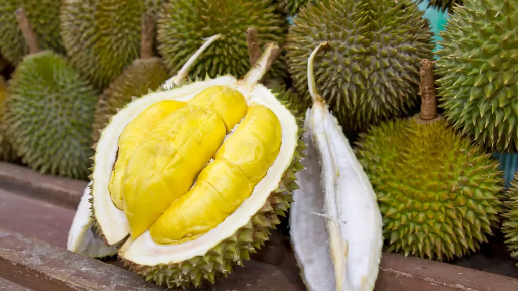 ‘Heaty’ and ‘Cooling’: A sliced durian fruit placed on a table.