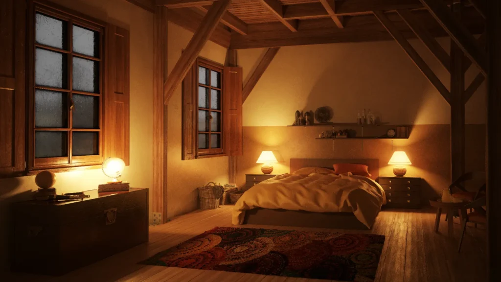 A cozy bedroom with a comfy bed and a stylish lamp. The importance of sleep. 