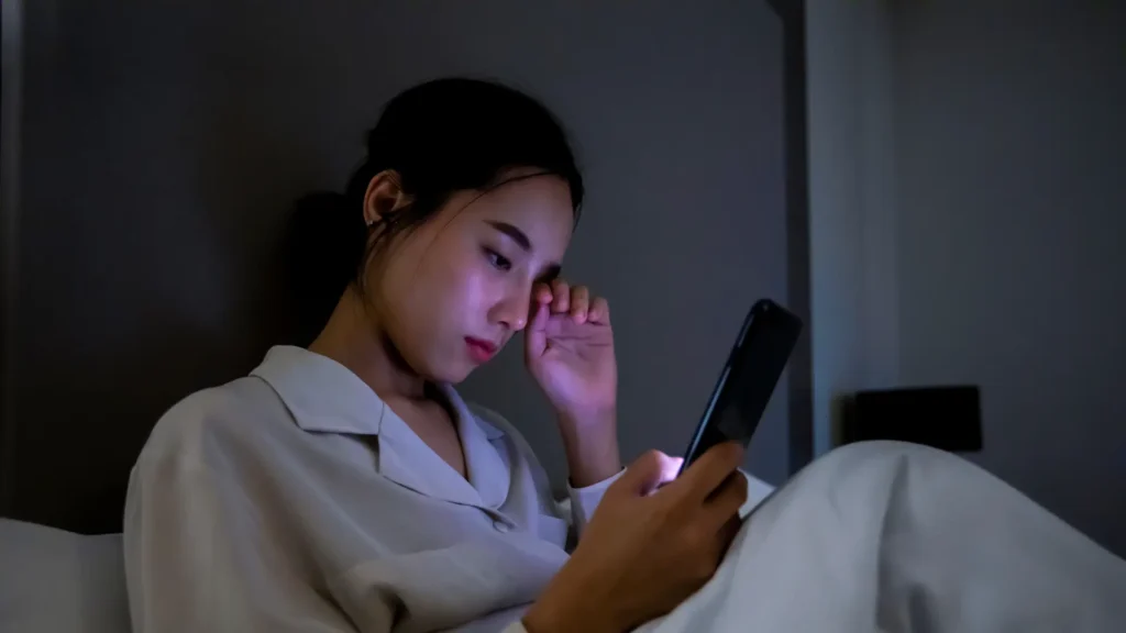 A woman lying in bed at night, looking at her phone screen with a soft glow illuminating her face.