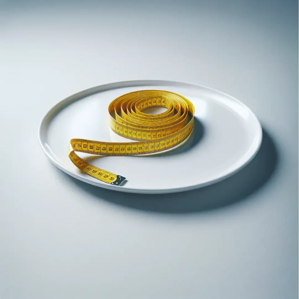 A coiled yellow measuring tape on a white plate. Eat to Lose Weight