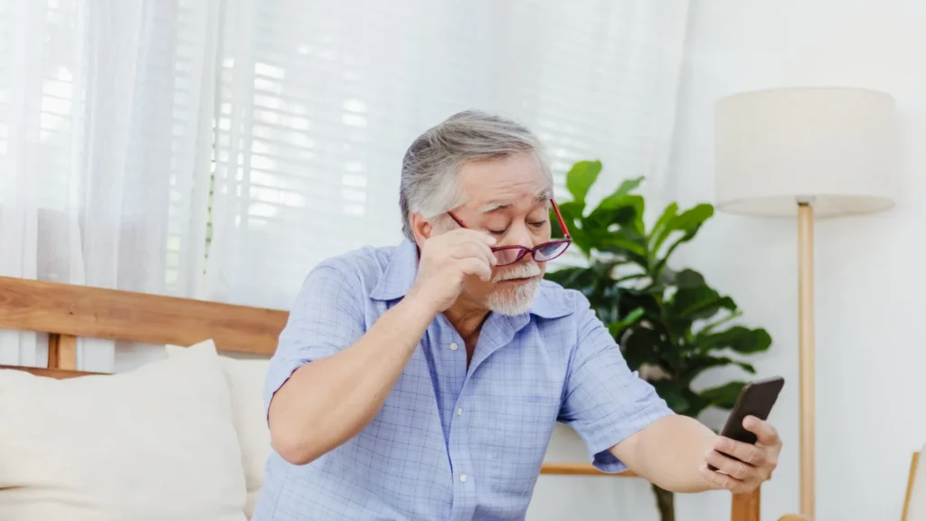Senior man using smartphone in his bedroom, staying connected and enjoying technology at his own pace.