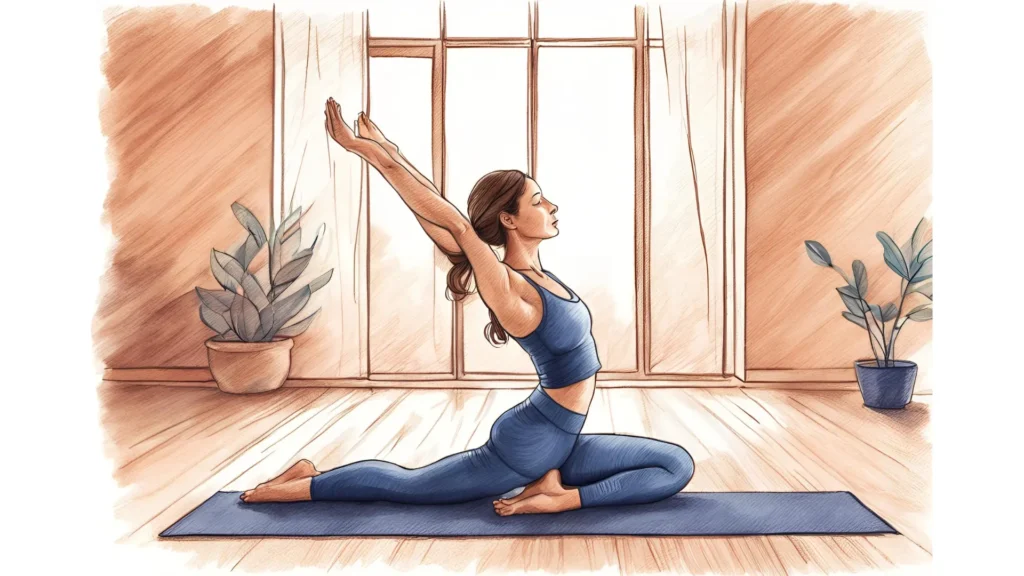 Woman doing somatic workouts in sunlit room with large window.