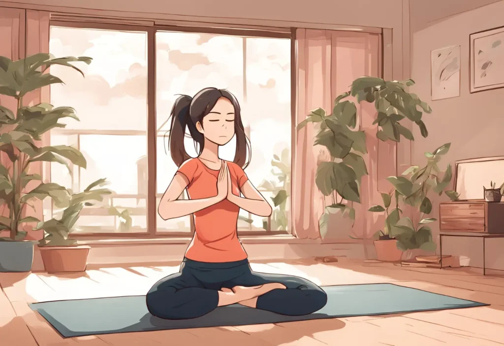 A woman doing somatic workouts in front of a window, finding peace and serenity through her pose.