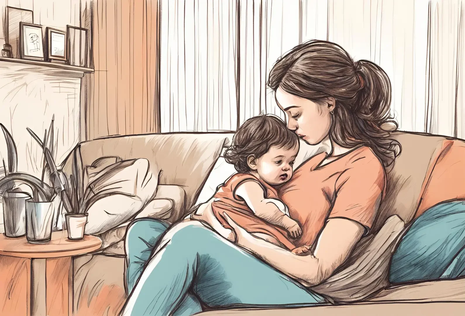 A woman cradling her baby on a couch.