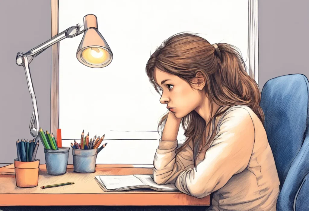 A girl sitting at a desk with a lamp and a notebook, studying diligently.
