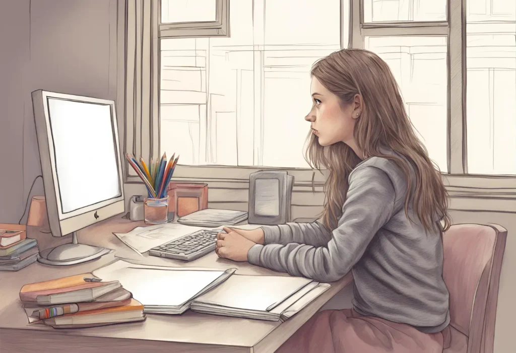 A girl sitting at a desk, focused on her computer screen, engaged in work or study. ADHD Paralysis