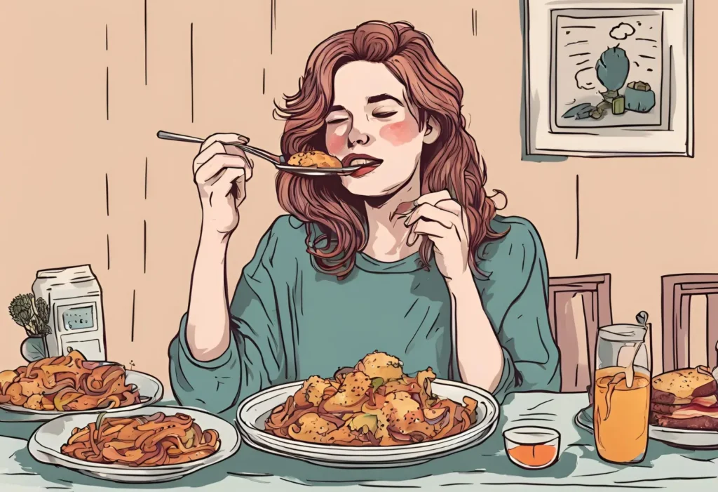 Woman enjoying meal at table with plates of food.