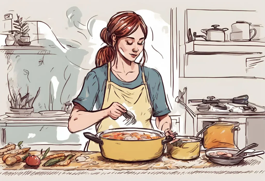 A woman cooking in the kitchen, stirring a pot of soup. 