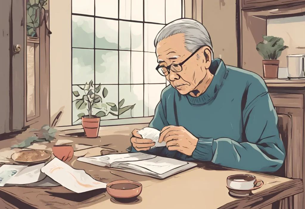 An elderly man sits at a table with papers and a cup of coffee, engrossed in his work.