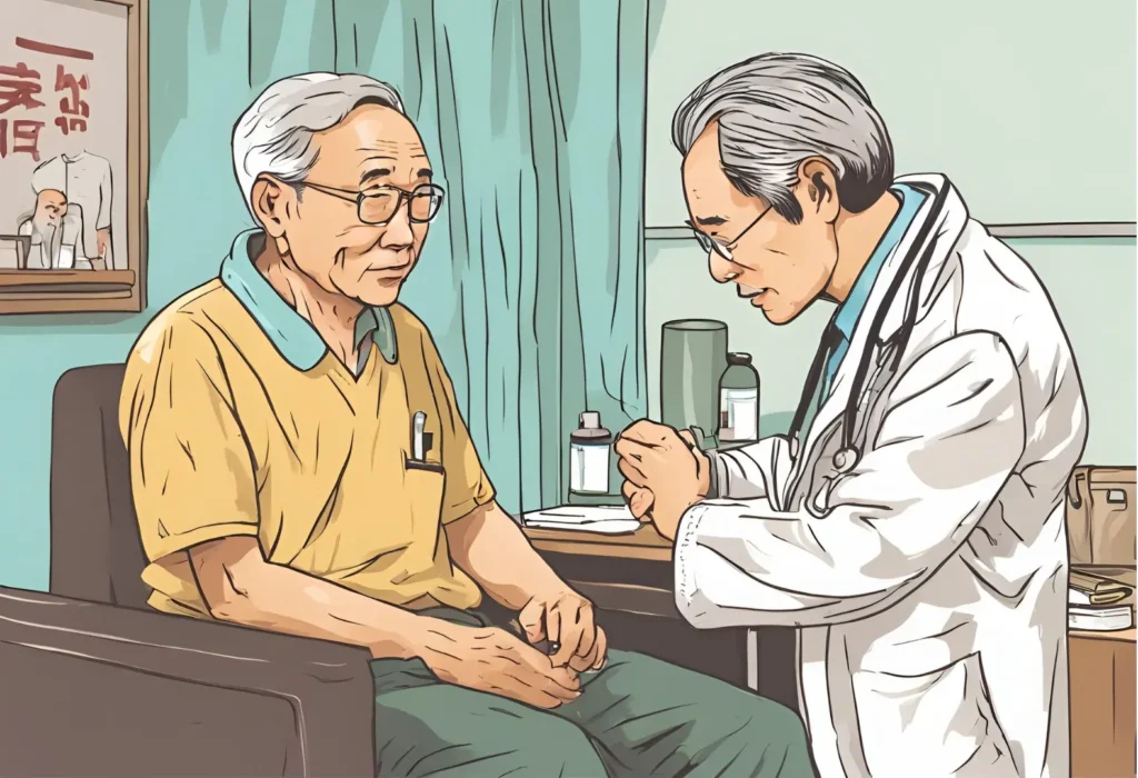 A doctor carefully examines the hand of an elderly man, providing medical care and attention. Stages of Lewy Body Dementia
