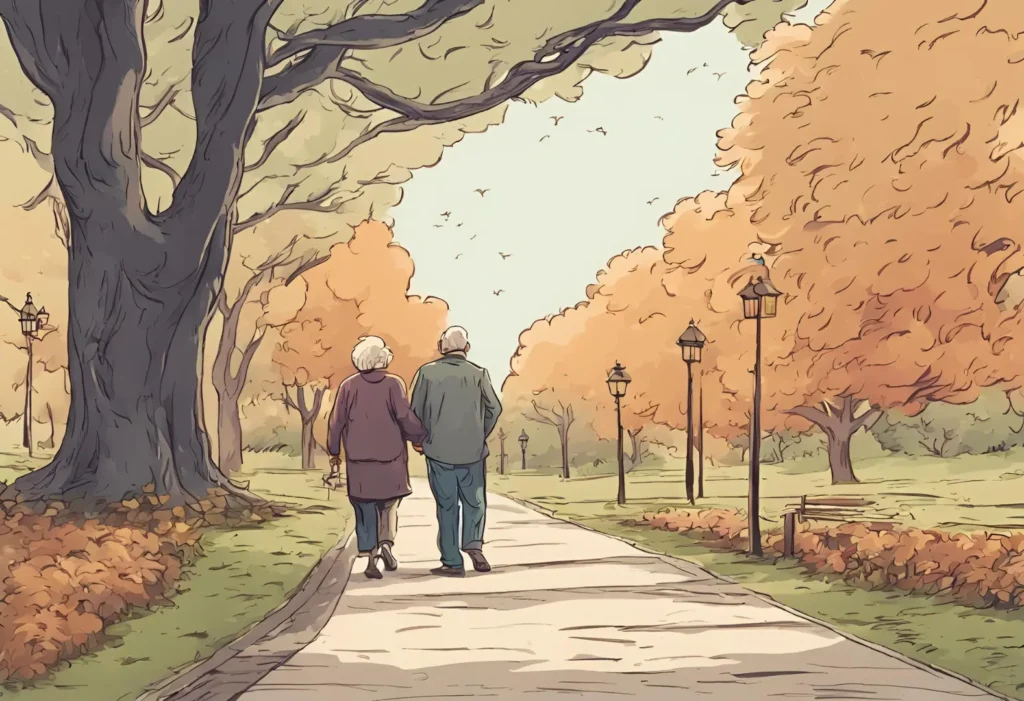 An older couple strolling along a path, enjoying a leisurely walk together in a serene setting.