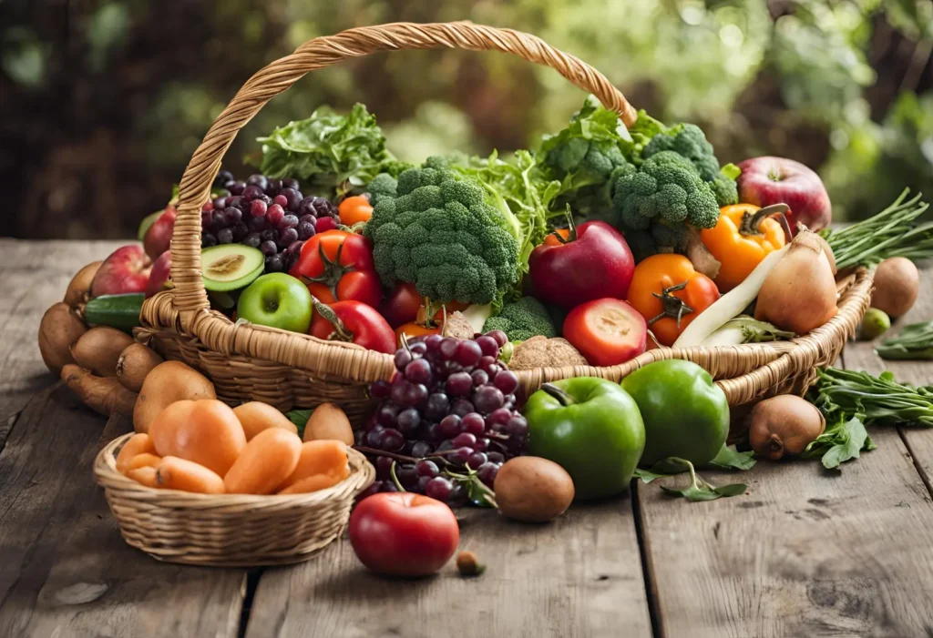 A variety of fresh fruits and vegetables in a basket on a wooden table.