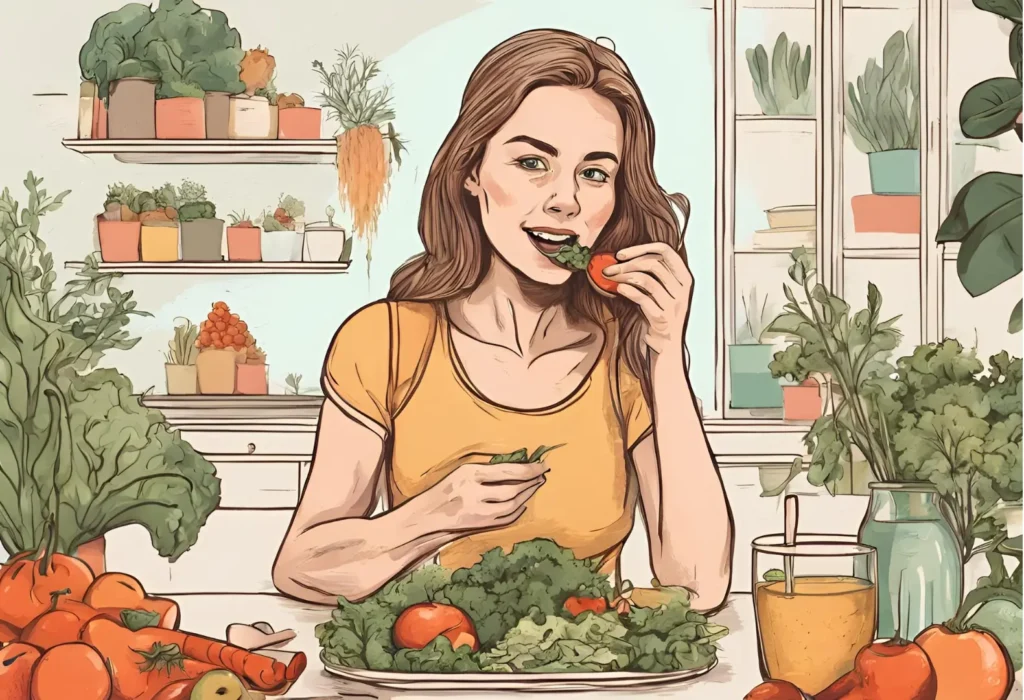 A woman enjoying a healthy meal of vegetables in her kitchen, promoting a balanced and nutritious diet.