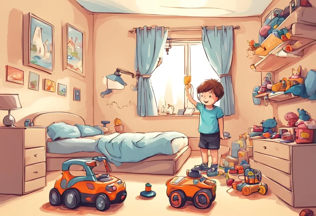 A boy happily playing with toys in his room, surrounded by colorful playthings and lost in his own imaginative world.