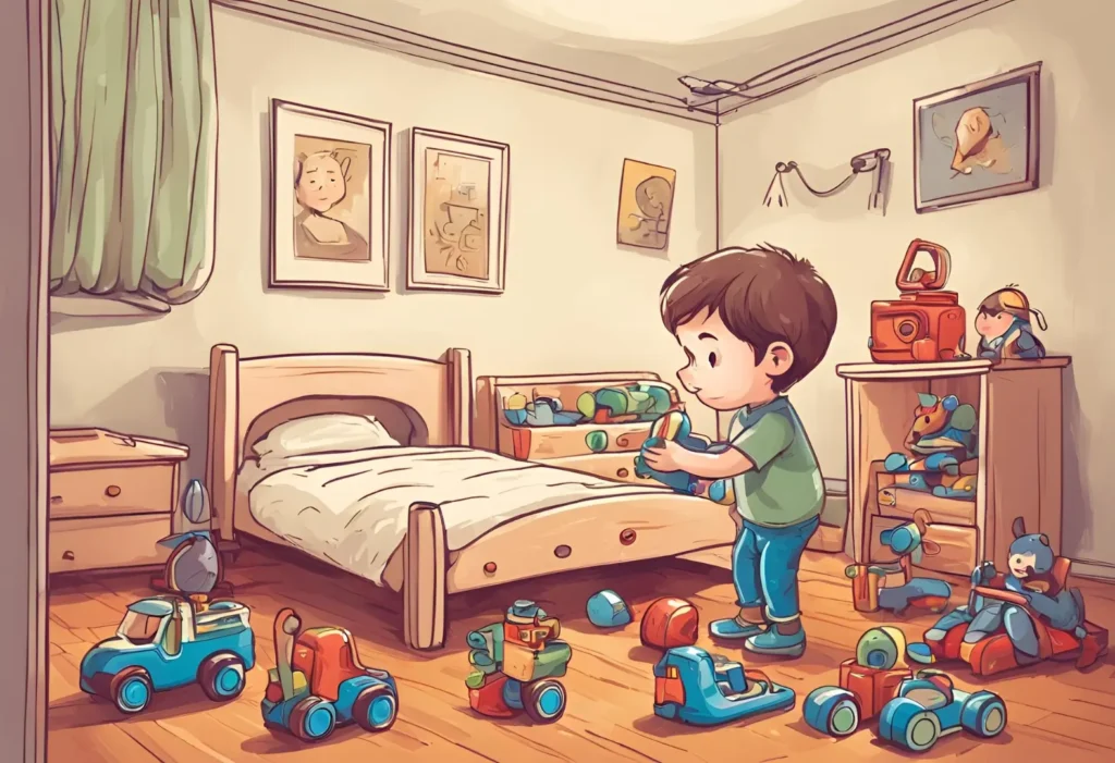 A young boy happily playing with toys on the floor of his bedroom. Childhood Dementia