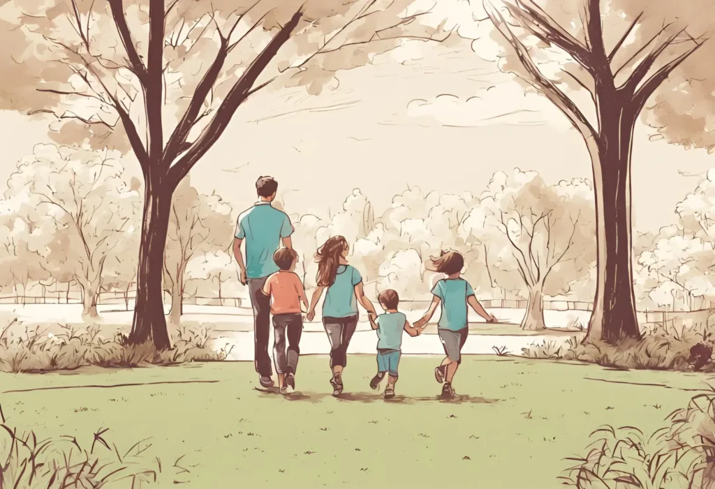 A family enjoying a leisurely stroll in the park, surrounded by lush greenery and basking in the warm sunlight.
