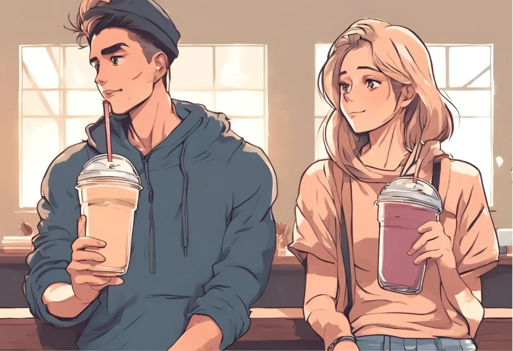A guy and girl drinking protein shakes