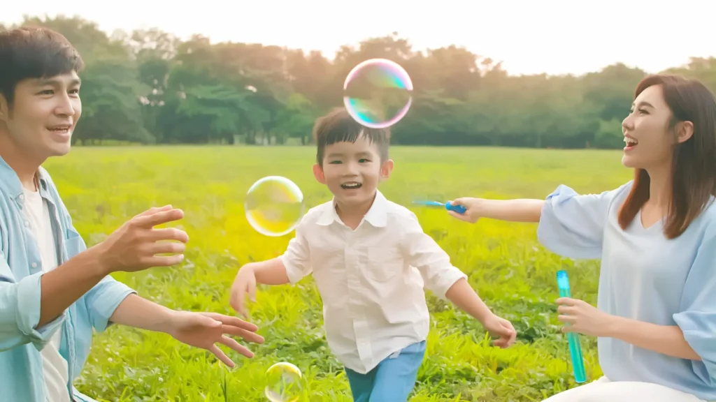 A family joyfully playing with soap bubbles in a park, creating a magical and playful atmosphere.