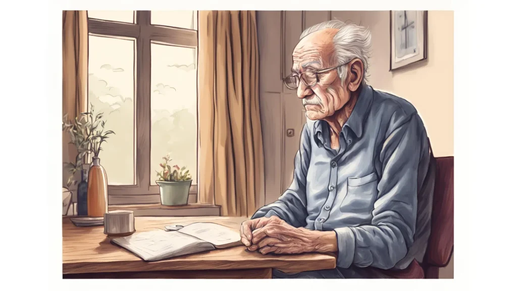 Elderly man reading book at table.