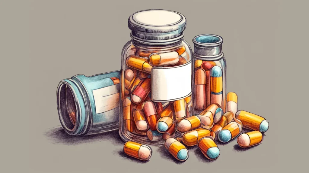 Illustration of pills and pills in a jar, representing medication and healthcare.