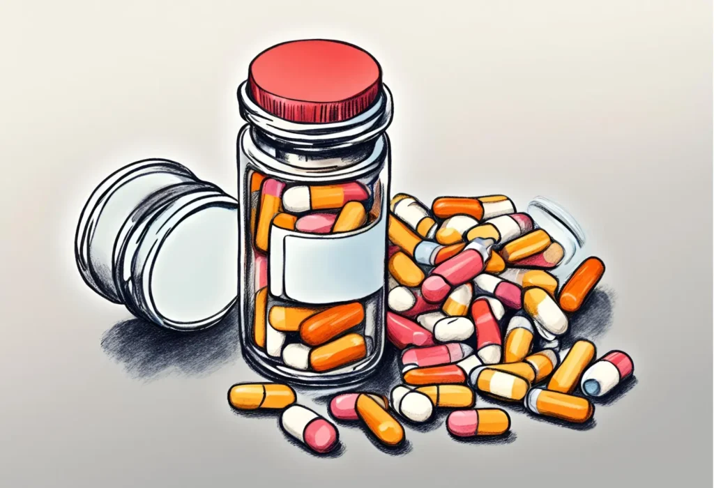Illustration of pills and capsules, representing medication and healthcare.