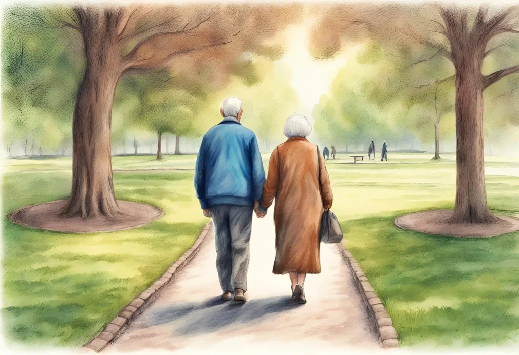 An elderly couple walking through the park