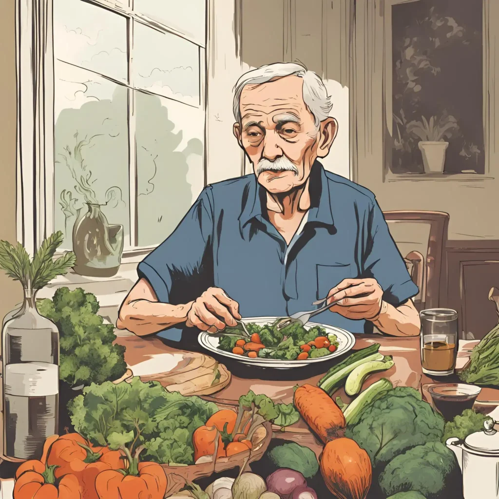 An elderly man eating fruits and vegetables