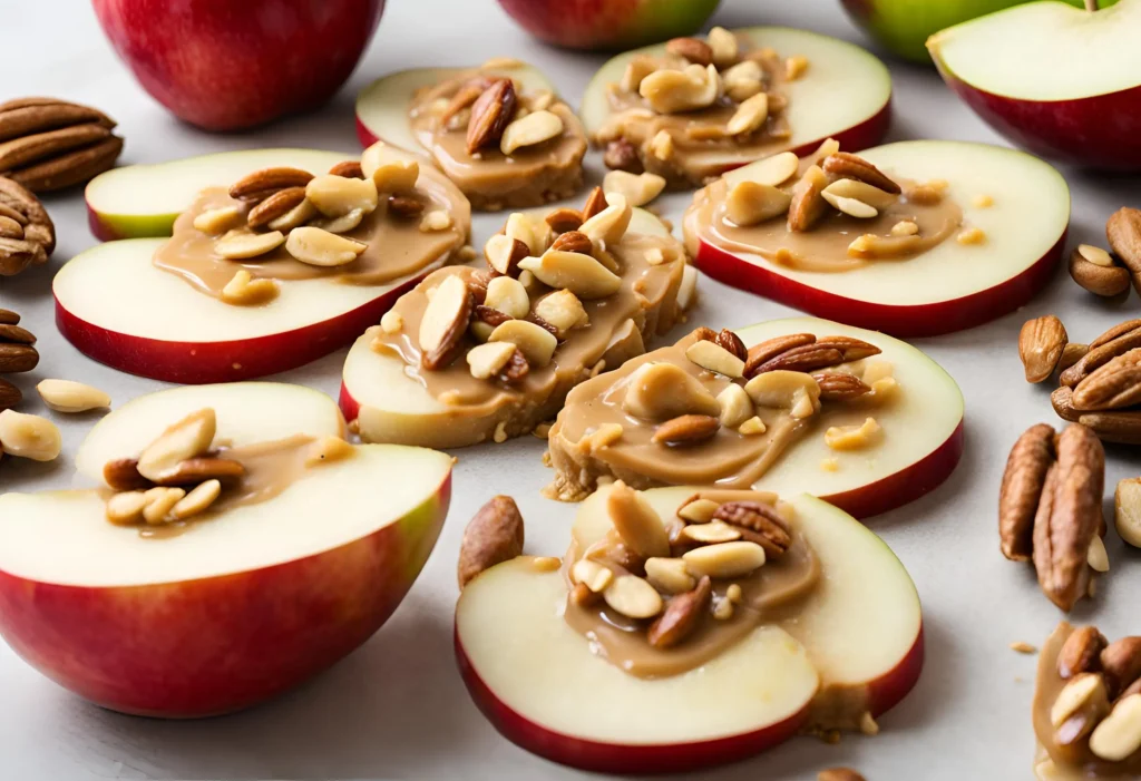 apple slices spread with peanut butter and nuts