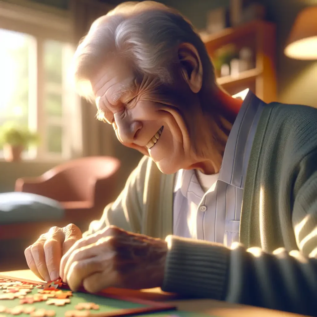An elderly man engrossed in solving a jigsaw puzzle, focusing on fitting the pieces together meticulously. 7 Stages of Frontotemporal Dementia