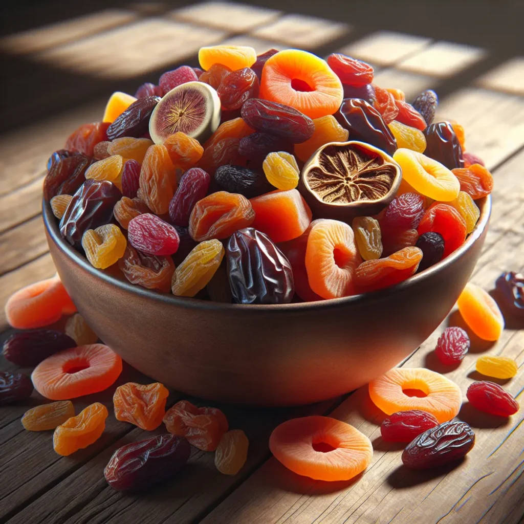 A bowl of assorted dried fruit on a wooden table. Best Fruits to avoid for Weight Loss