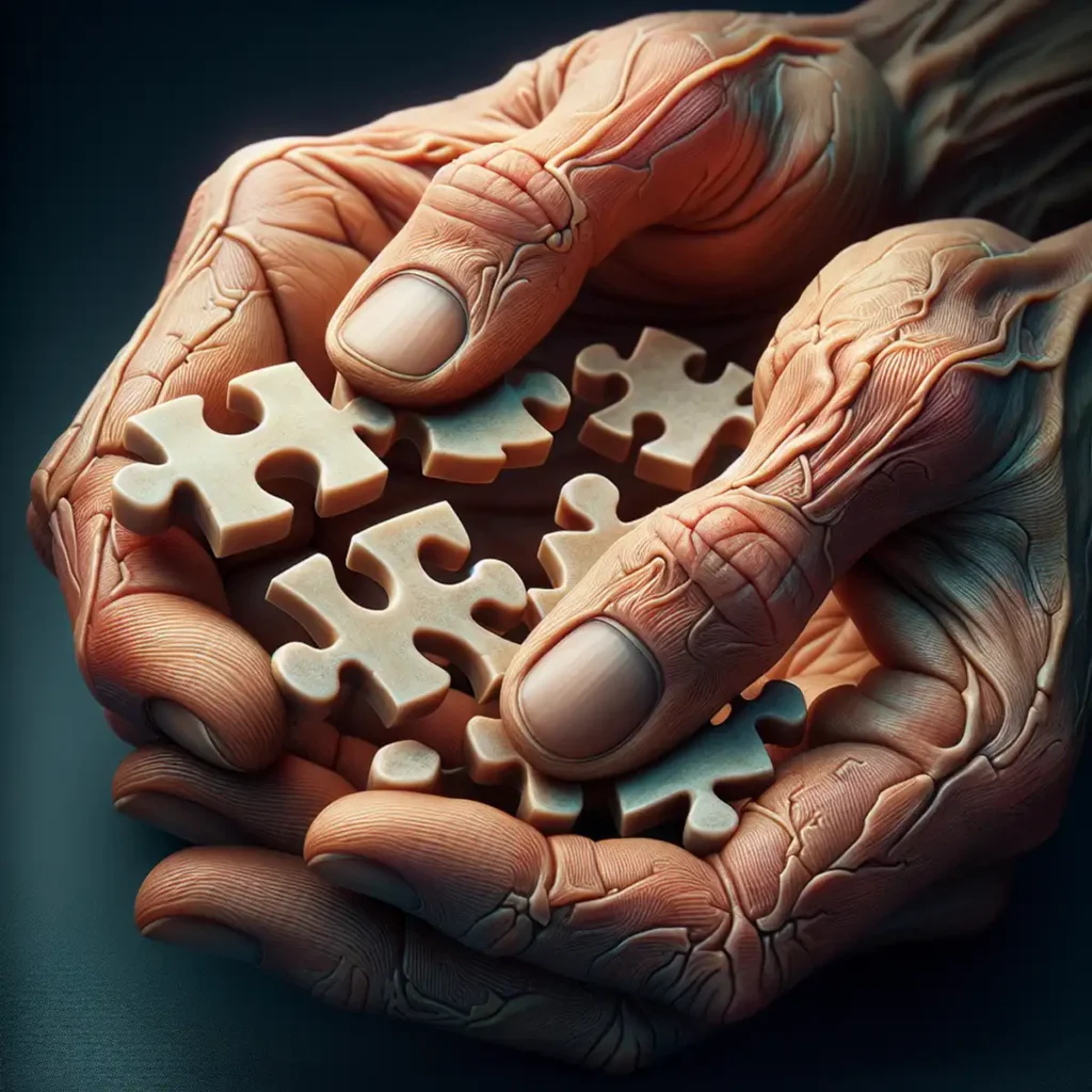 Close up of hands holding puzzle pieces.