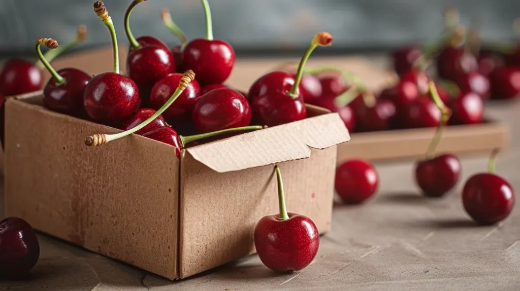 A box filled with ripe tart cherries on a wooden table.