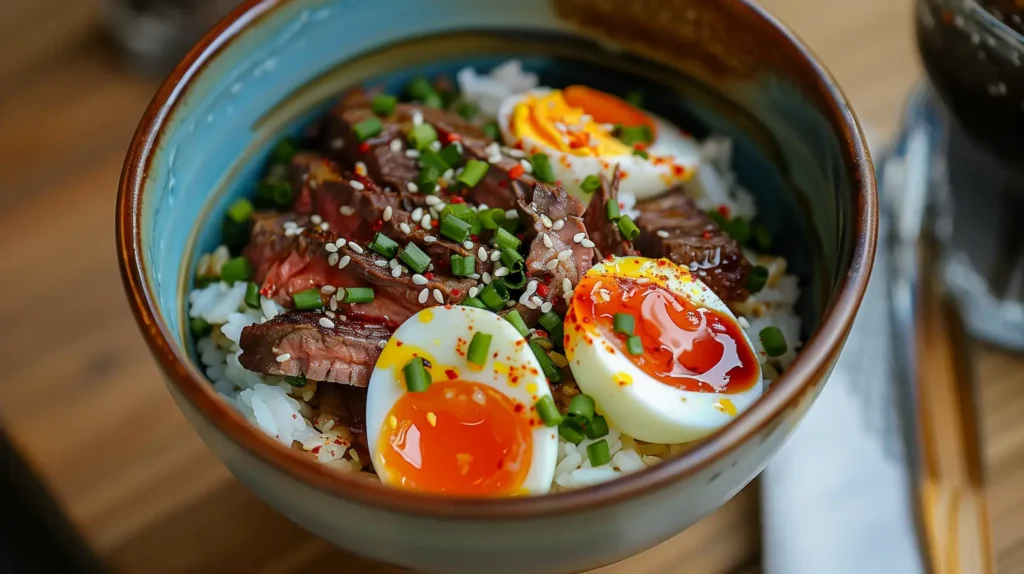 A bowl of food with meat, eggs, and vegetables.