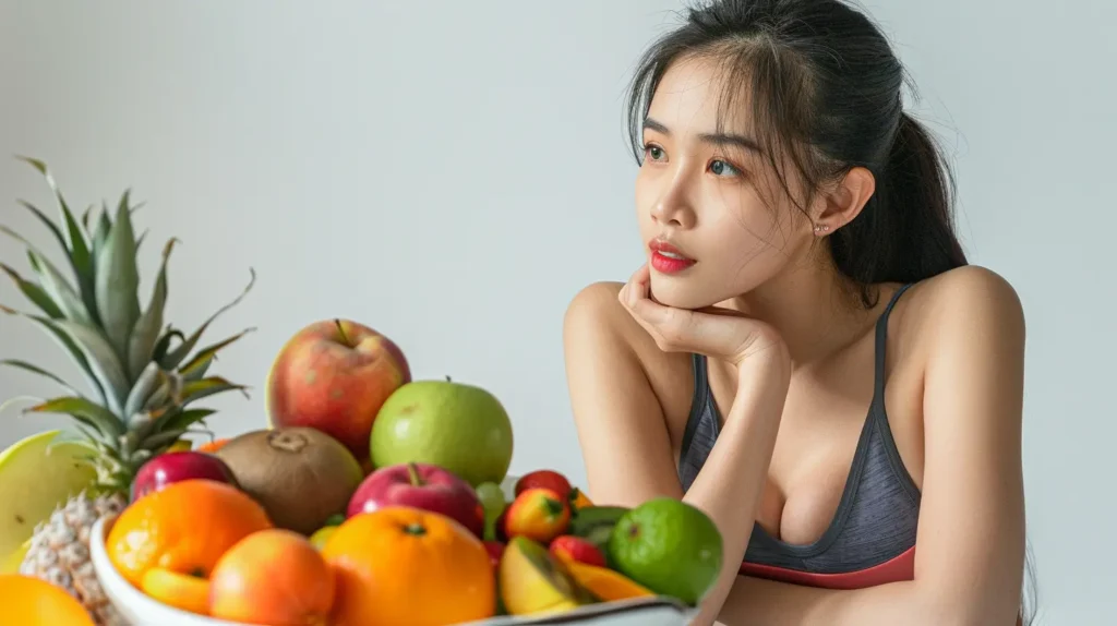 A woman sitting at a table with a bowl of fruit in front of her.