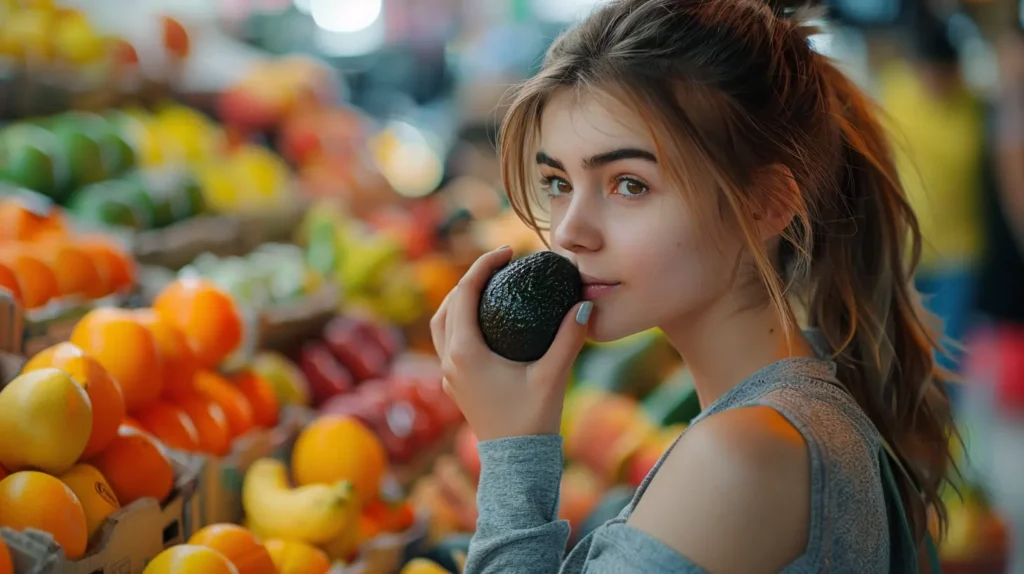 A woman holding an avocado in front of a fruit stand, showcasing the vibrant variety of fresh produce.