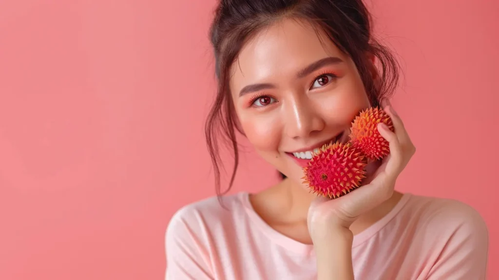 Woman holding a lychee in her hand.