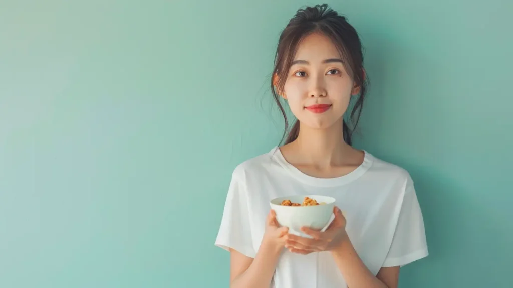 A young woman holding a bowl of snacks