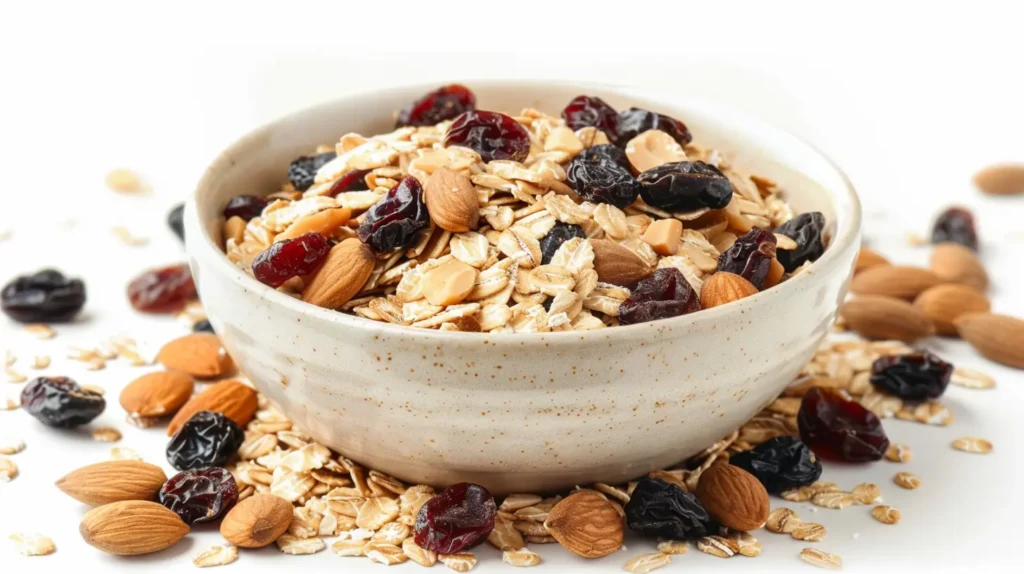 Assorted nuts and dried fruits in a bowl, perfect for a healthy snack or party platter.