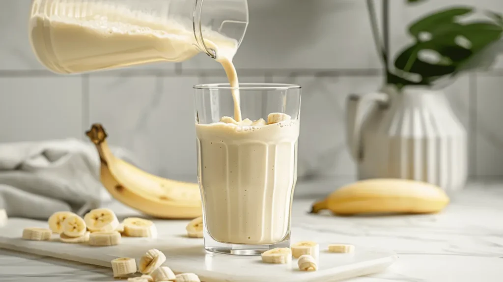 A glass of milk being poured into a glass with bananas, creating a refreshing and nutritious beverage.