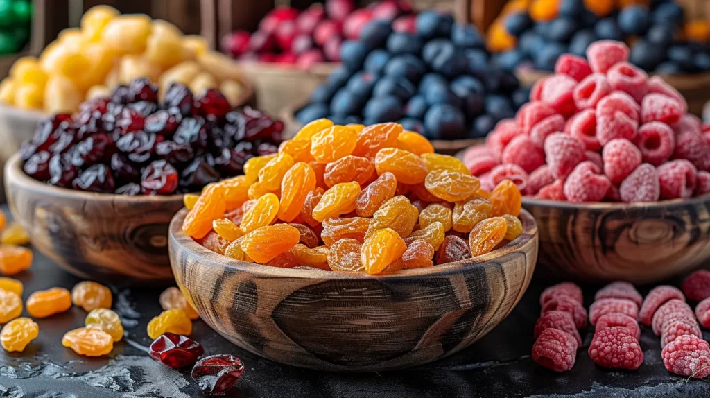 Assorted dried fruits in rustic wooden bowls, including apricots, figs, and raisins.