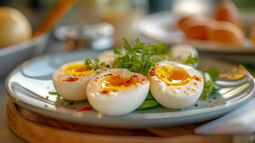 Plate of hard boiled eggs, perfect for breakfast or a snack.