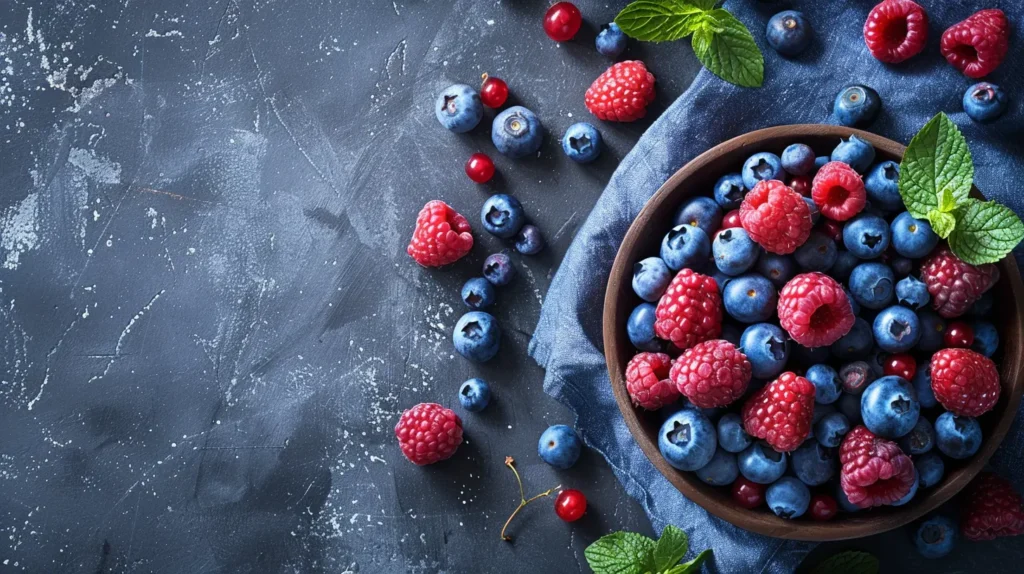 Fresh berries in a bowl on a dark background. A vibrant mix of colorful berries, bursting with freshness and placed in a bowl on a dark surface.