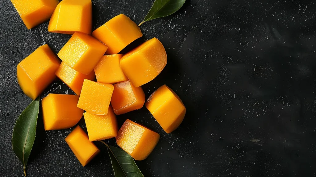 Mango slices arranged on a black background, showcasing their vibrant colors and juicy texture.