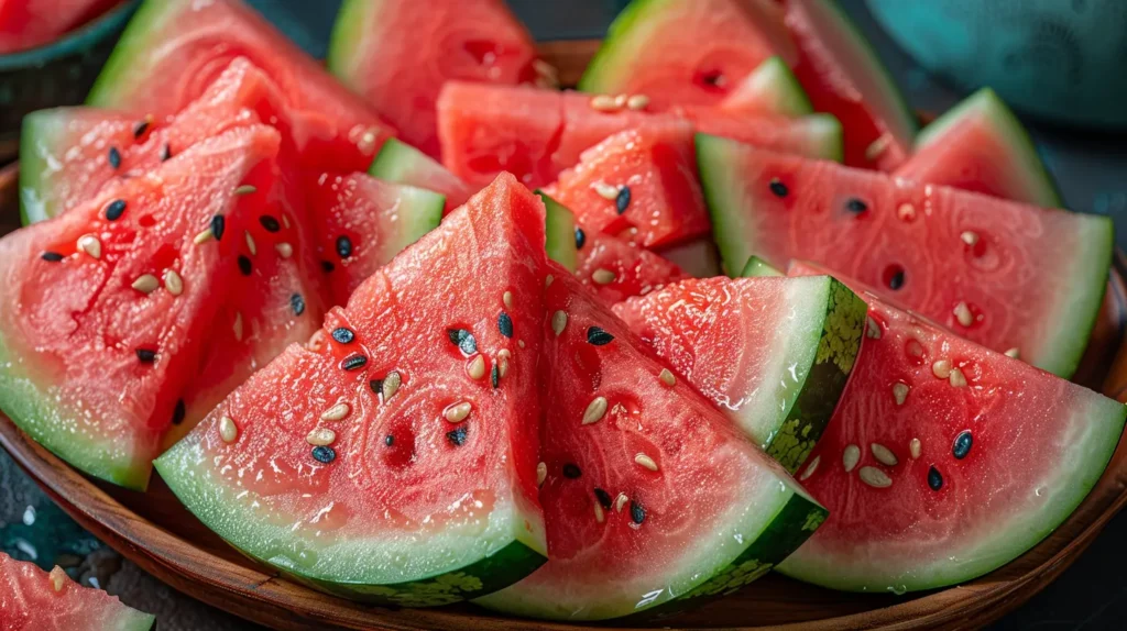 A bowl filled with freshly sliced watermelon, showcasing its vibrant red color and juicy texture.