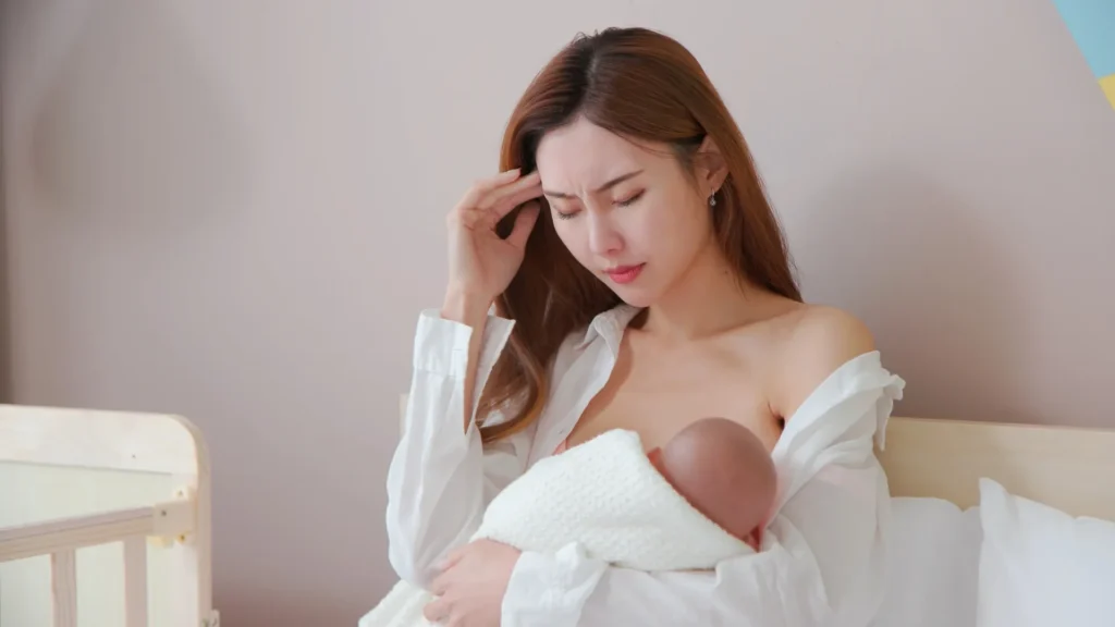 Mother sitting in crib holding her baby.