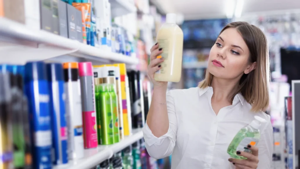 A woman looking for the best Shampoo for Postpartum Hair Loss