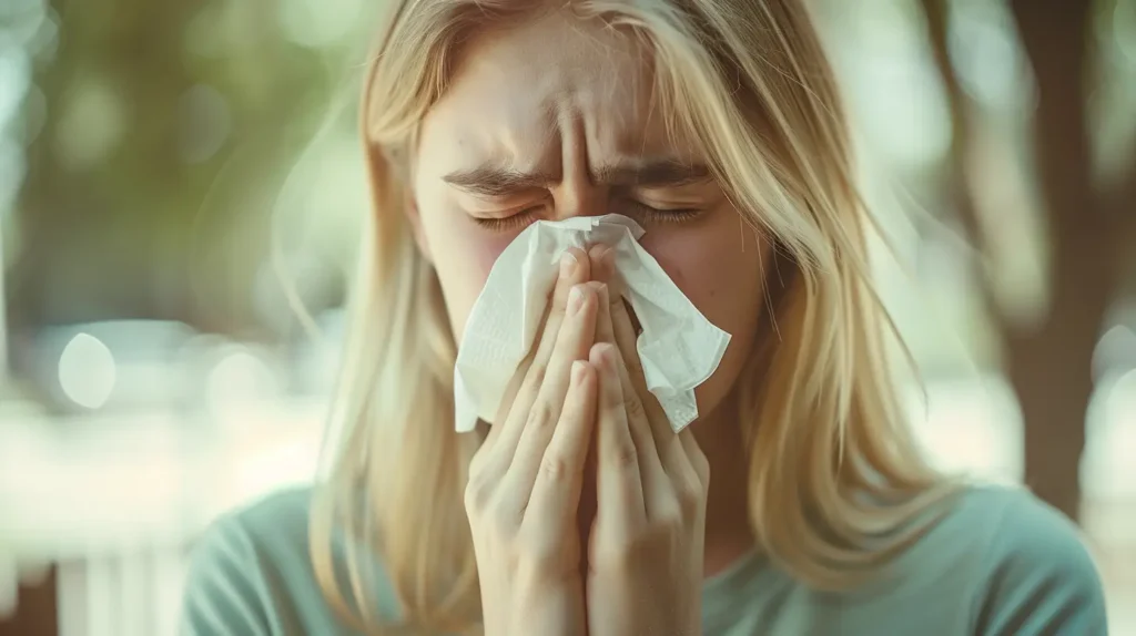 A woman using a tissue to blow her nose, she has postpartum allergies