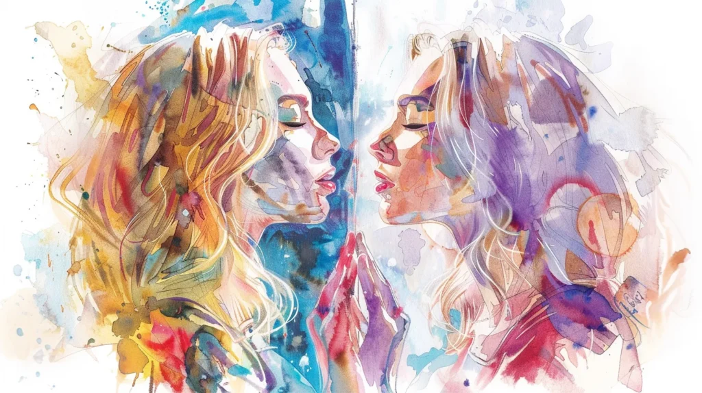 Two women gaze at each other in a watercolor painting.