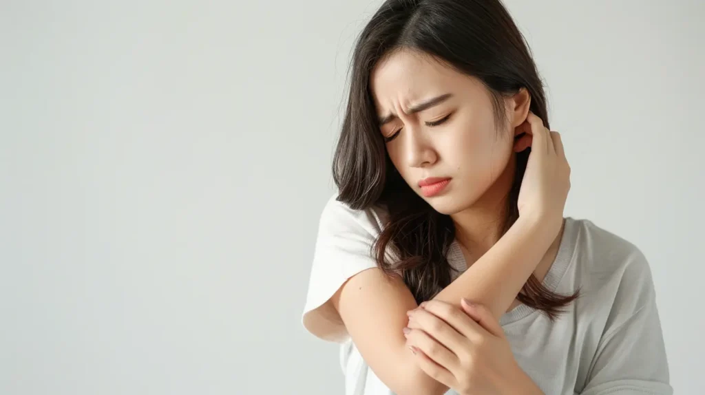 A woman grimacing in pain while holding her shoulder.